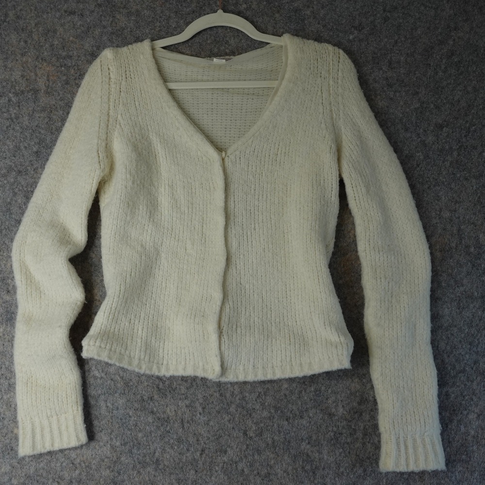 Vintage Y2K Cardigan Cream Wool Knit Shrunken Fuzzy Sweater Mesh Fairy‎ Grunge